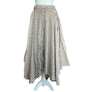 NWT 100% Cotton Gingham & Striped Layered Midi Skirt | Asymmetrical Hem | Flowy
